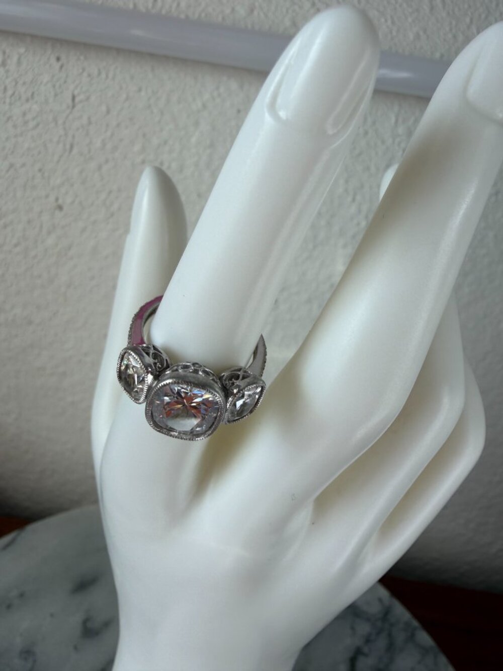 Vintage Jean Dousset Heirloom 925 CZ 3-Stone Mill-grain Cushion Cut Ring - Picture 15 of 17